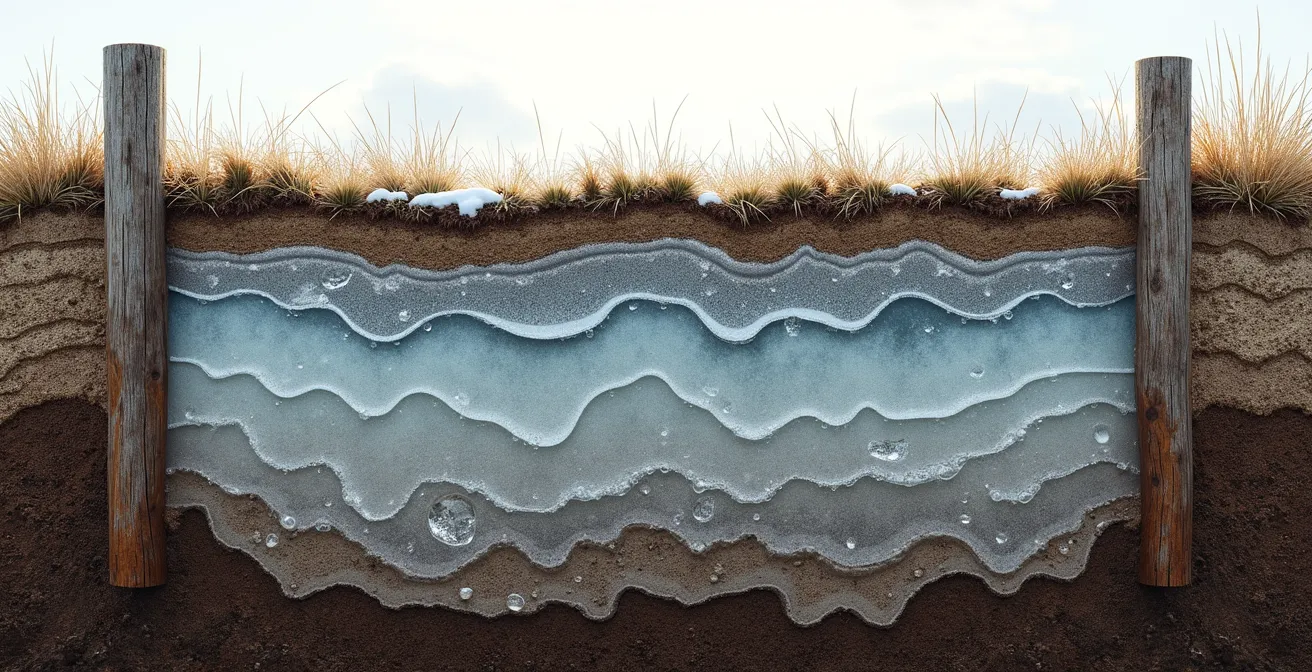 Coupe transversale montrant le mouvement du sol gelé et son impact sur les fondations au printemps québécois