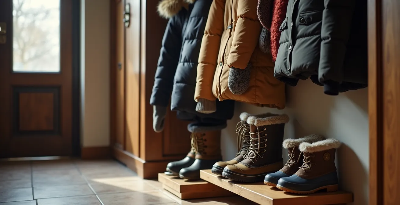 Entrée d'appartement montréalais avec système de rangement vertical pour manteaux et bottes d'hiver