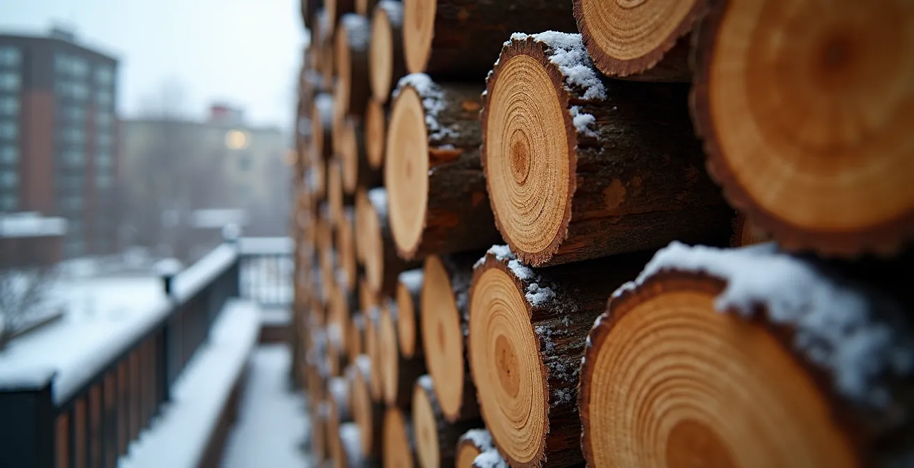 Bois de chauffage empilé correctement sur un balcon montréalais avec protection contre l'humidité