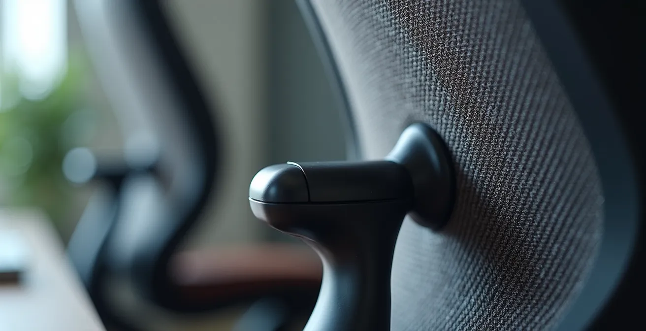 Vue macro du support lombaire d'une chaise ergonomique montrant les textures et courbes adaptatives