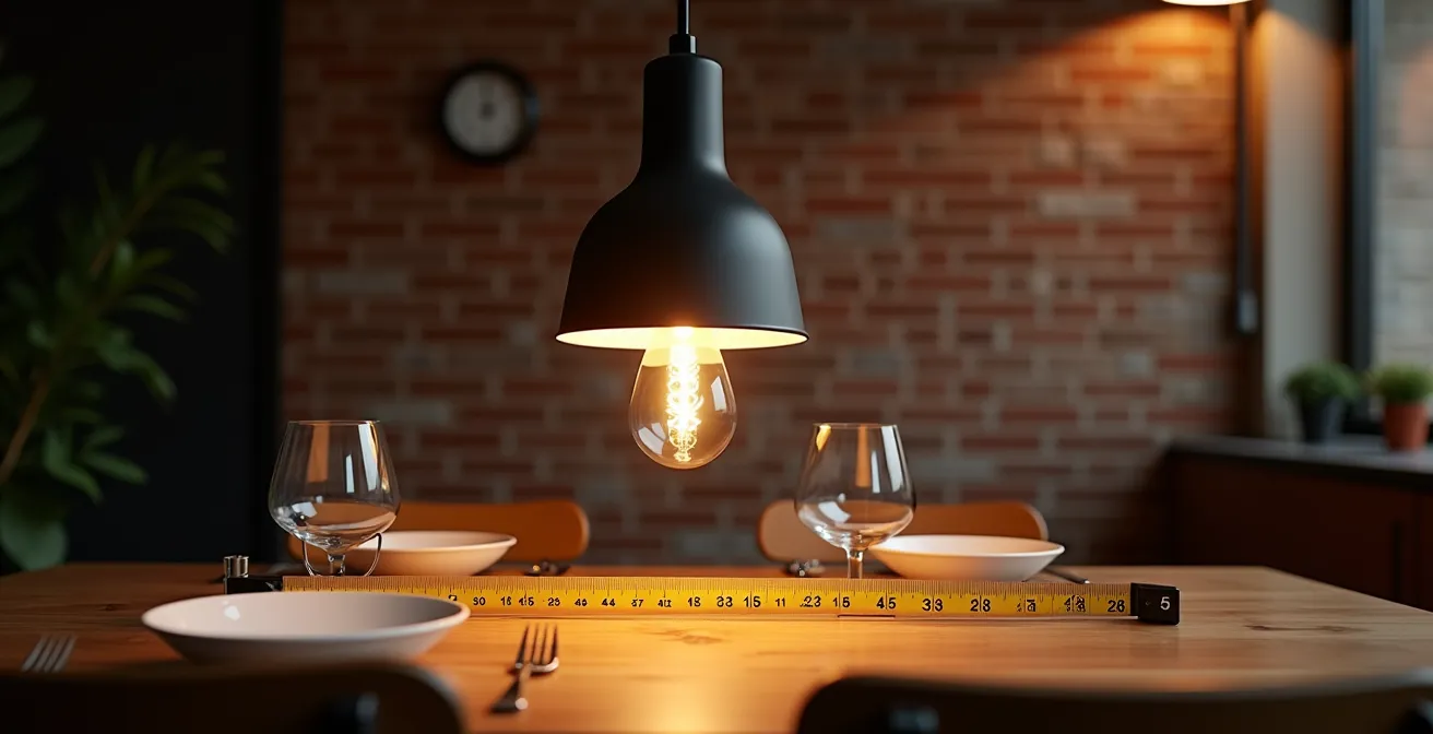 Vue latérale d'une suspension parfaitement positionnée au-dessus d'une table de salle à manger