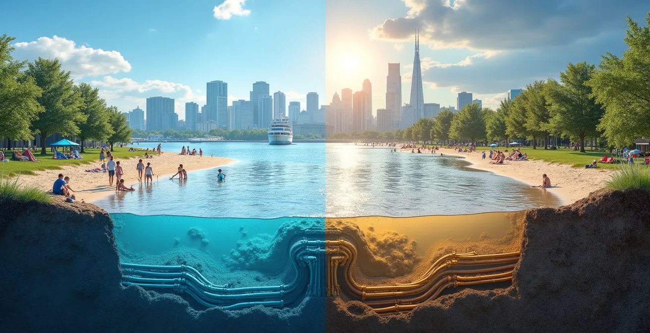 Infographie montrant le système d'égouts unitaire de Montréal et l'effet d'une forte pluie sur les déversements