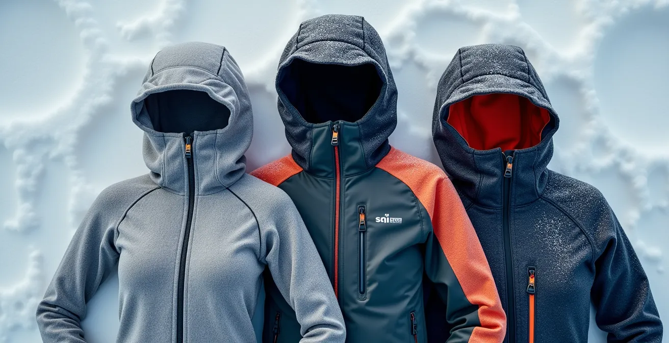 Système de vêtements trois couches disposé sur neige près de skis de fond