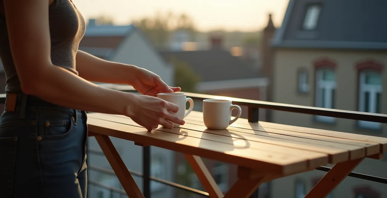 Table pliante fixée au garde-corps d'un balcon avec vue sur Montréal