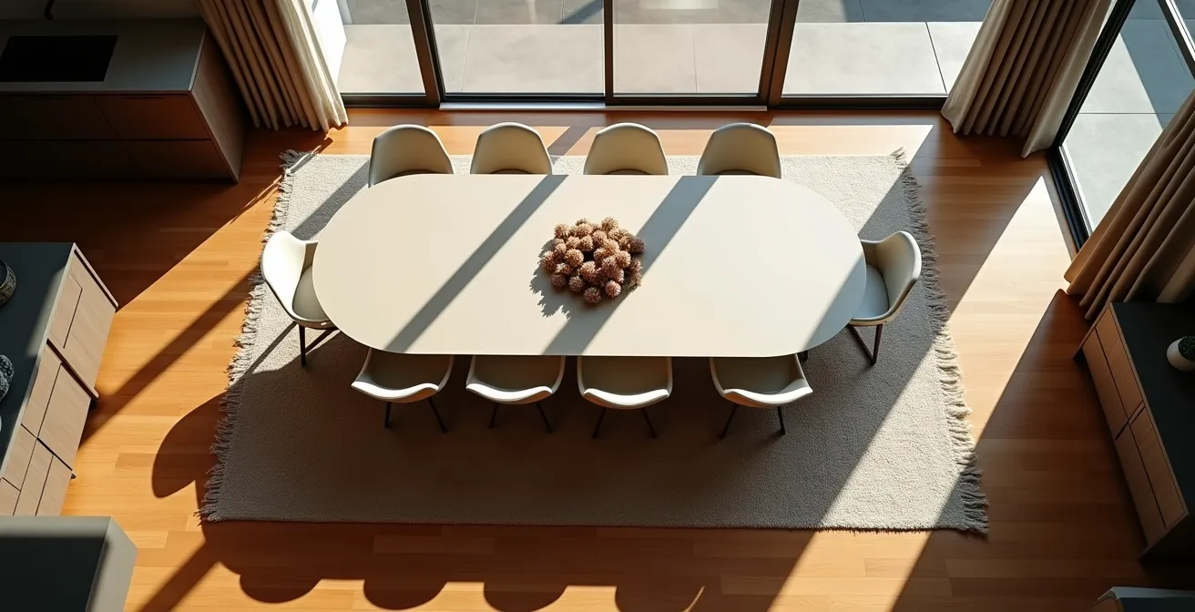 Vue aérienne d'une table ovale extensible dans un condo montréalais montrant l'optimisation de l'espace