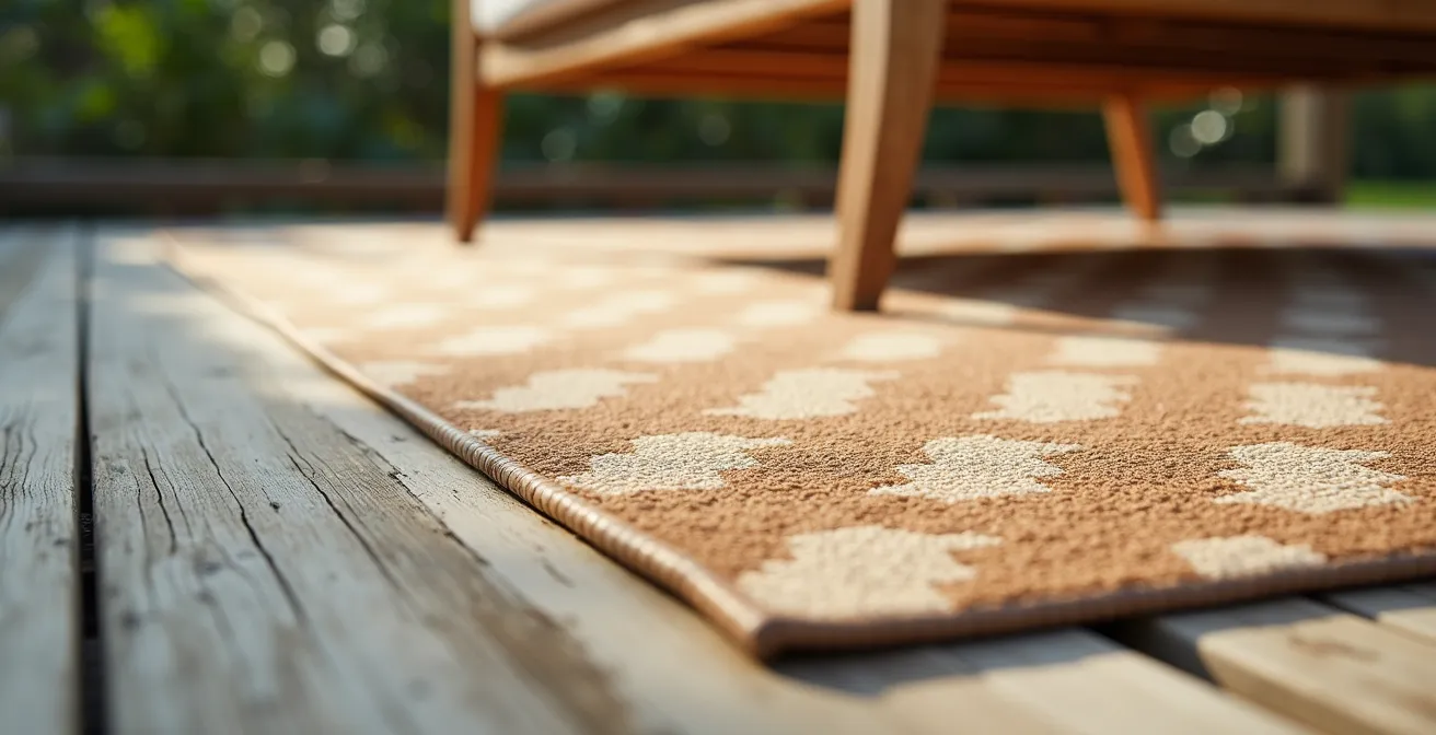 Tapis d'extérieur coloré créant une ambiance salon sur une terrasse en bois