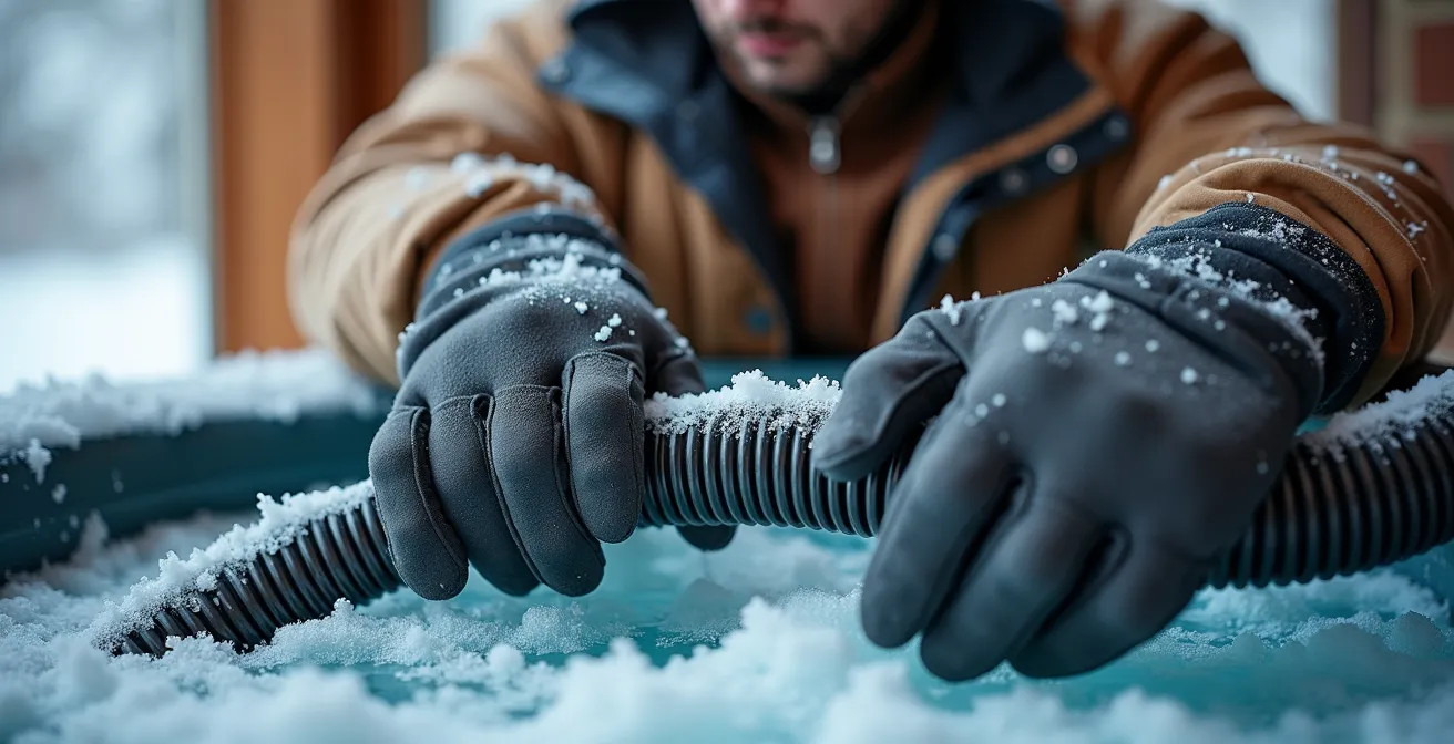 Technicien utilisant un aspirateur industriel pour vidanger un spa en hiver