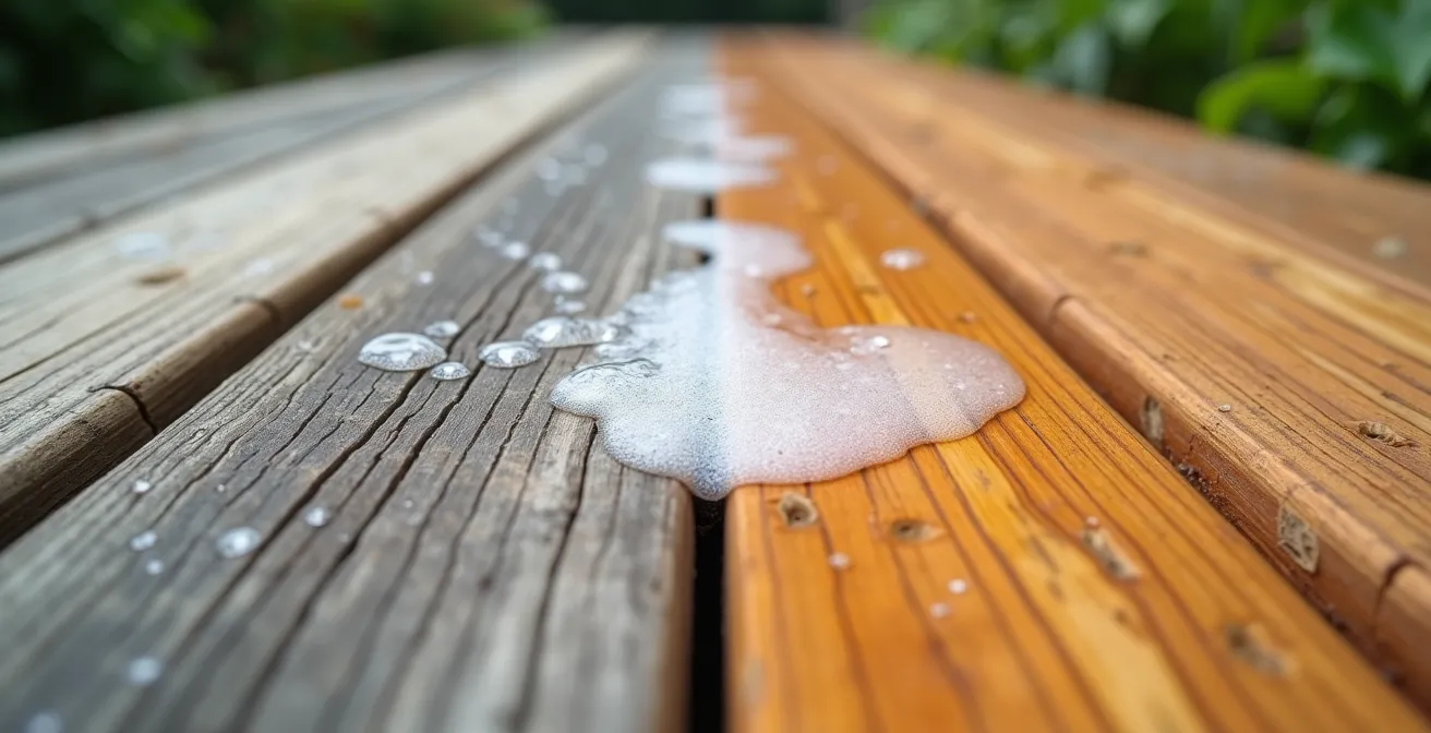 Processus de dégrisage écologique d'une terrasse en cèdre avec du percarbonate de soude au printemps québécois