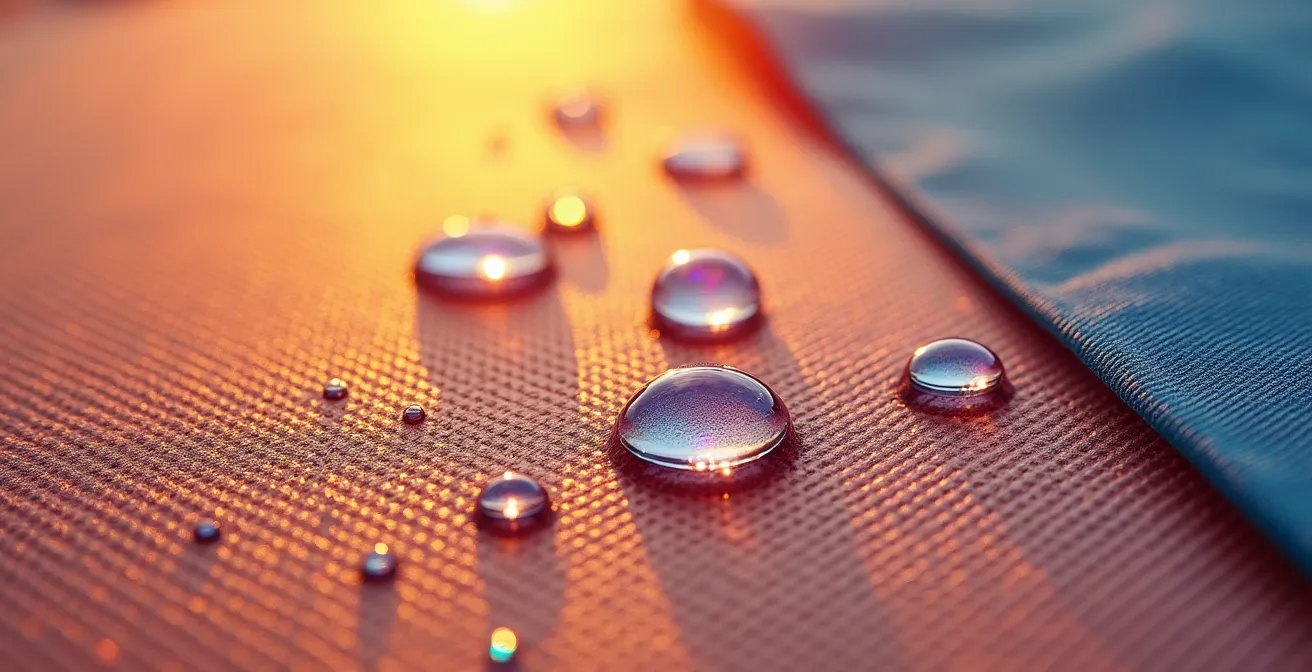 Test de déperlance sur toile d'auvent avec gouttelettes d'eau perlant