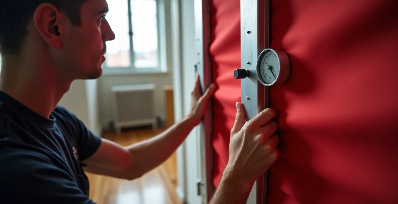 Installation d'un infiltromètre dans une porte d'entrée avec technicien effectuant des mesures