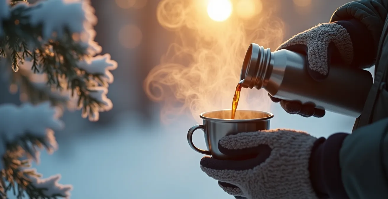 Randonneur versant une boisson chaude fumante d'un thermos en hiver