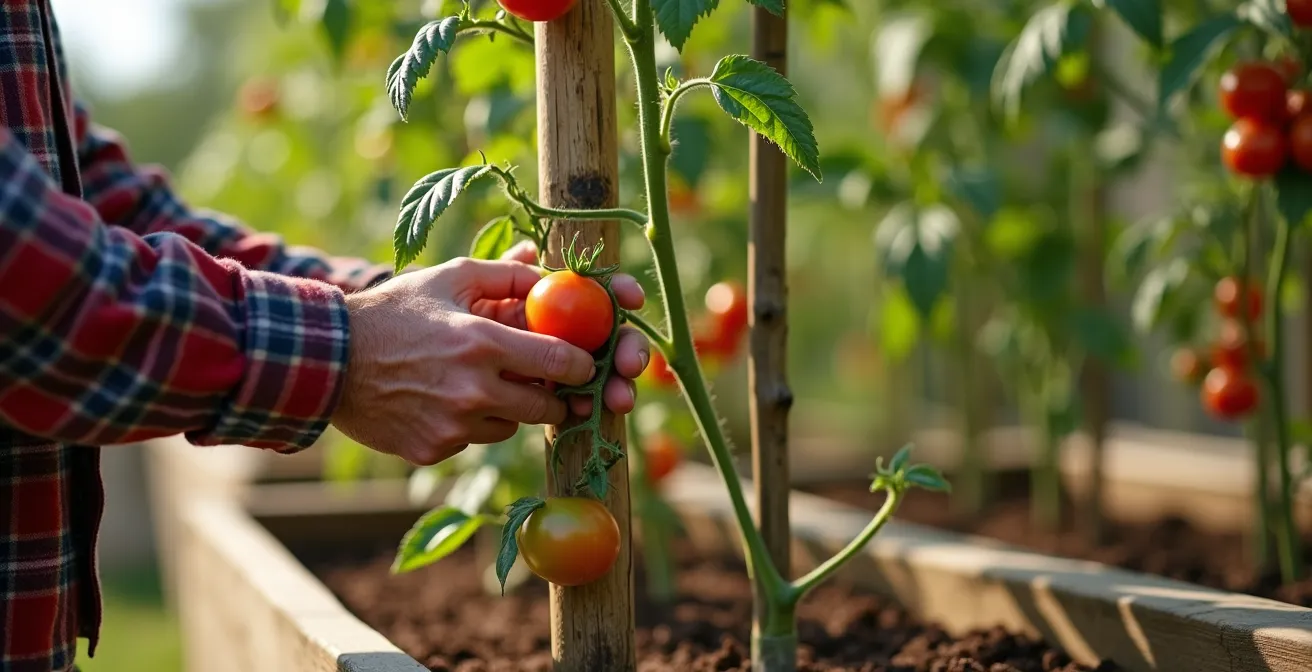 Système de tuteurage vertical pour tomates en bacs surélevés avec ficelles et structure en bois