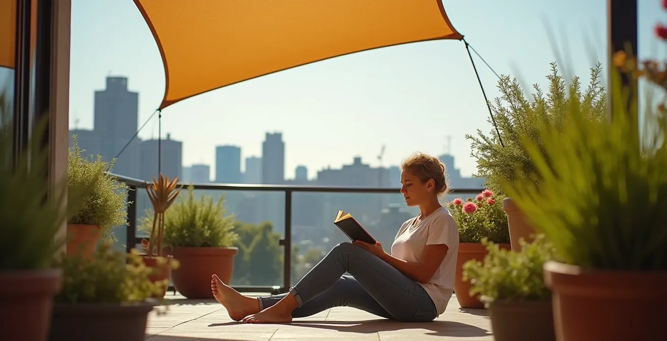 Voile d'ombrage tendue résistant au vent sur une terrasse québécoise