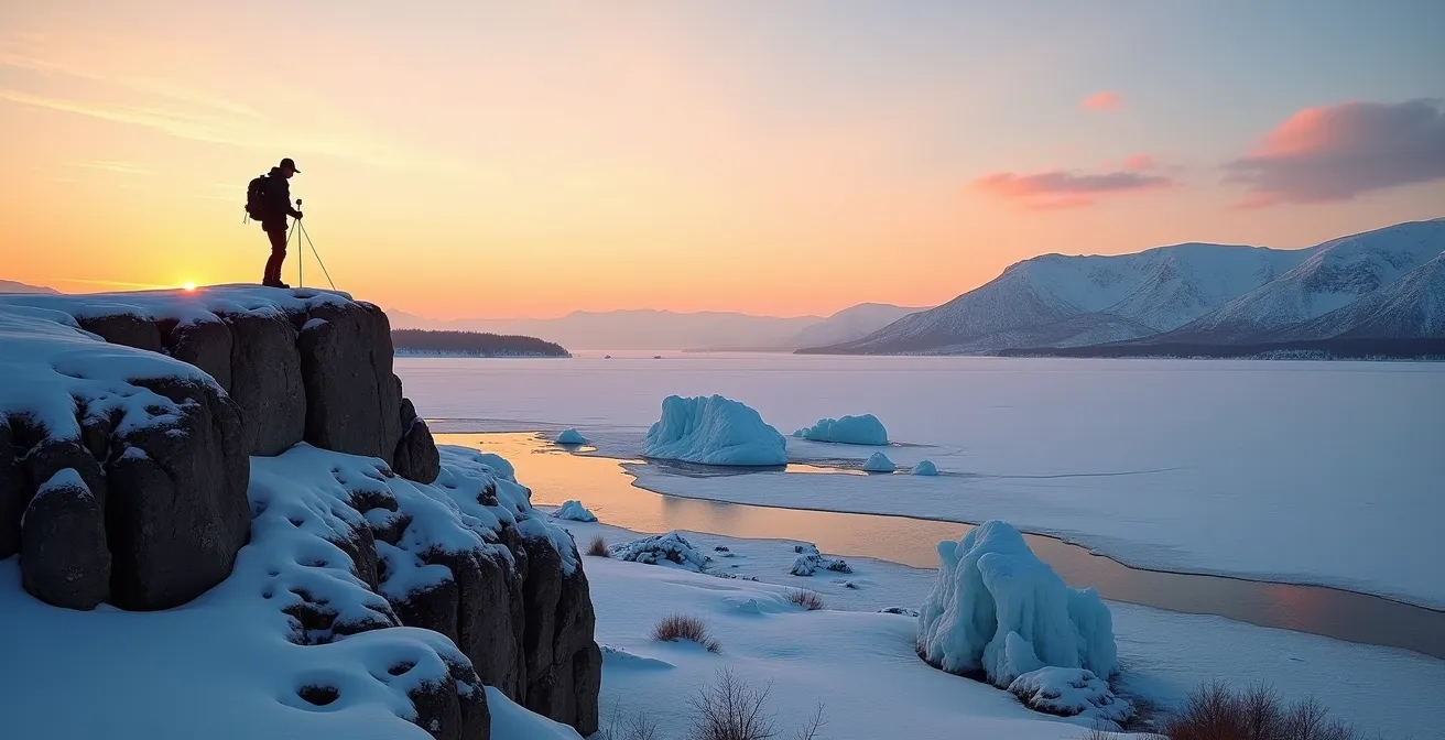 Vue spectaculaire du fleuve Saint-Laurent gelé depuis un belvédère rocheux avec forêt boréale