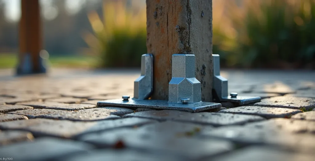 Vue détaillée de l'ancrage d'un gazebo sur dalles avec sonotubes de béton visibles